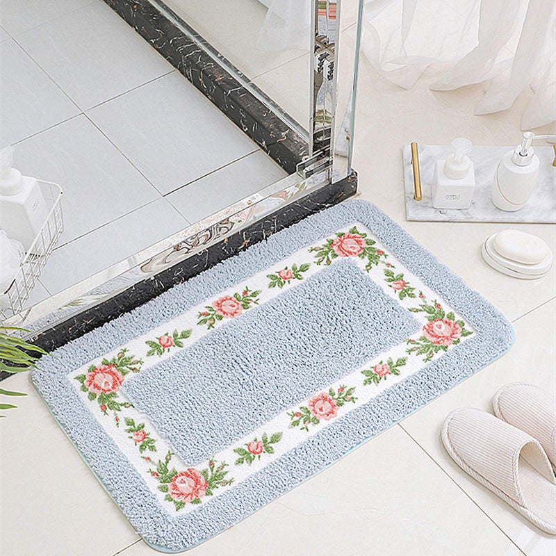 UKELER Absorbent Bathroom Rug Set of 2 Floral Rose Bath Rug Washable Non-Skid Microfiber Shaggy Toilet Rug for Bathroom, 17.7''x29.5''+20''x20'' Bath Mat, Blue - Image 3